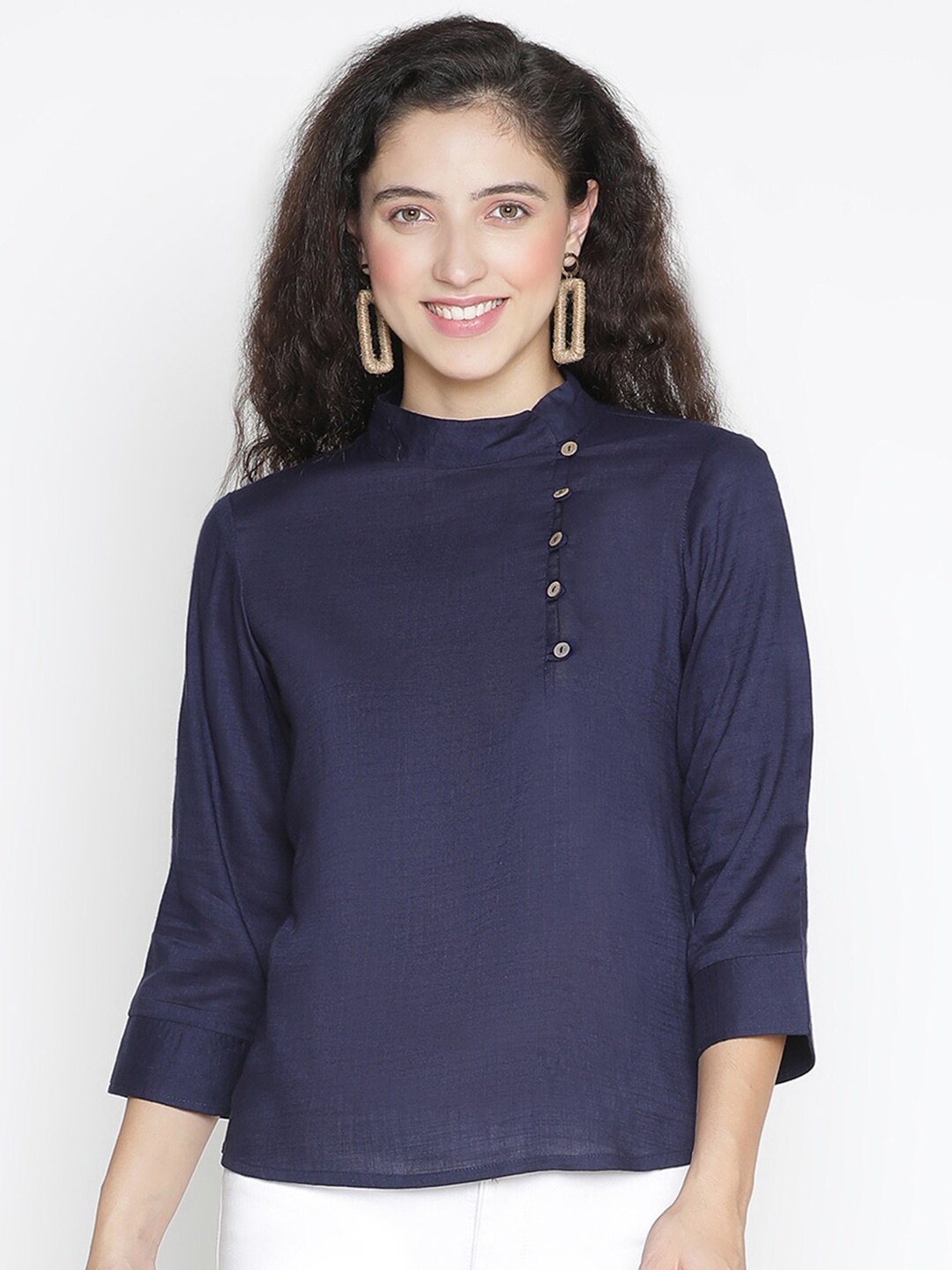 

DRAAX Fashions Navy Blue High Neck Kurta style Top