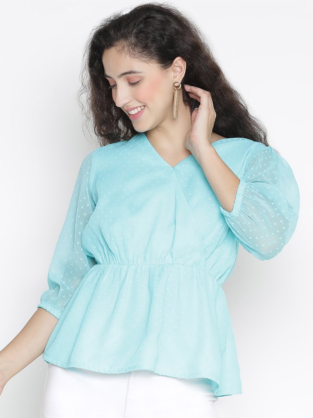 

DRAAX Fashions Blue & soothing sea Cinched Waist Top