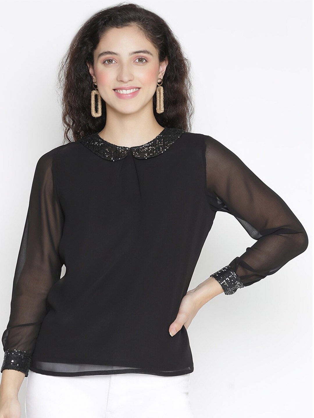 

DRAAX Fashions Women Black Solid Peter Pan Collar sequined Top