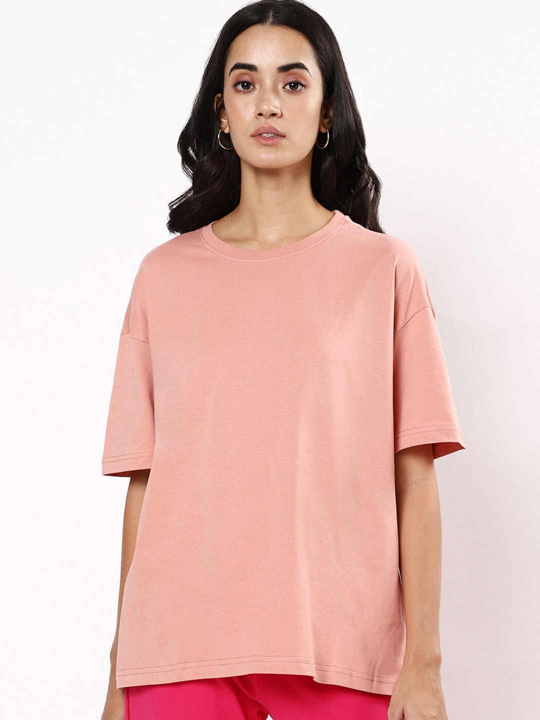 

Bewakoof Women Pink Drop-Shoulder Sleeves Oversized T-shirt