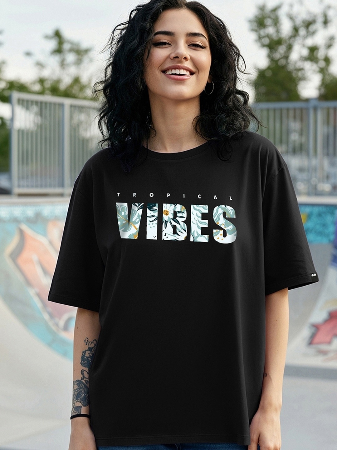 

Bewakoof Women Tropical Vibes Typography Oversized T-shirt, Black