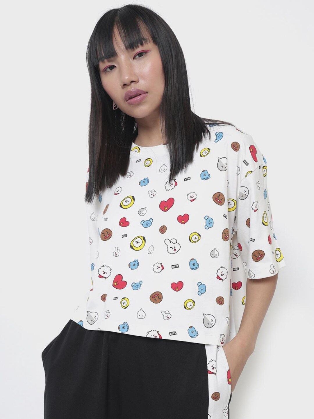 

Bewakoof Women White Printed Drop-Shoulder Sleeves Pure Cotton T-shirt