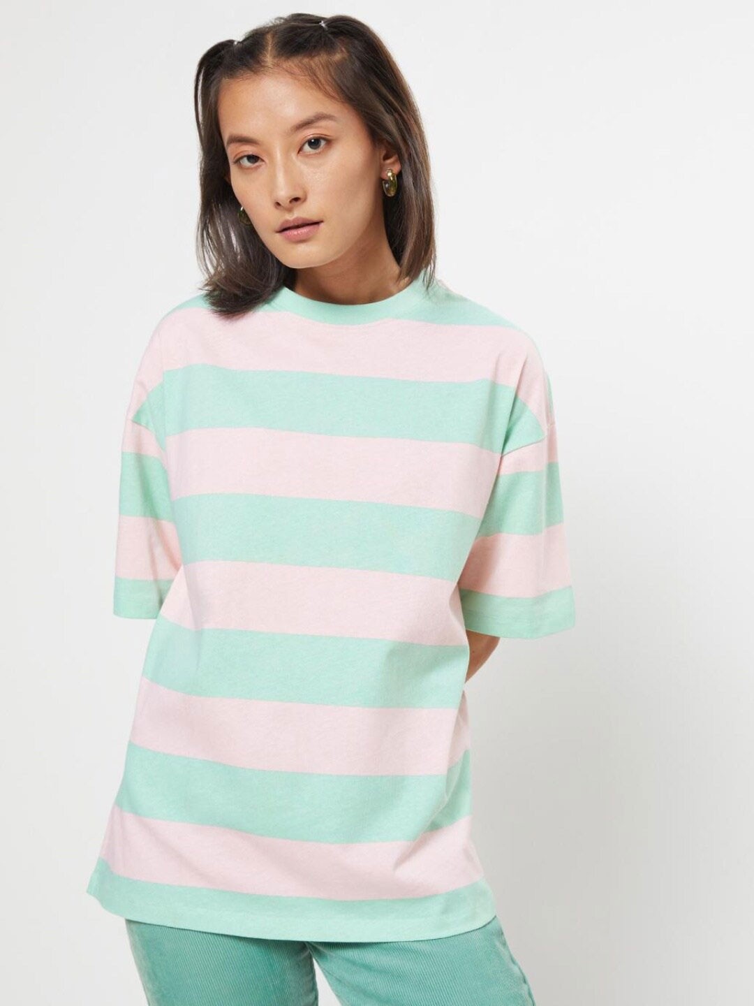

Bewakoof Women Pink Striped High Neck Drop-Shoulder Sleeves Oversized T-shirt