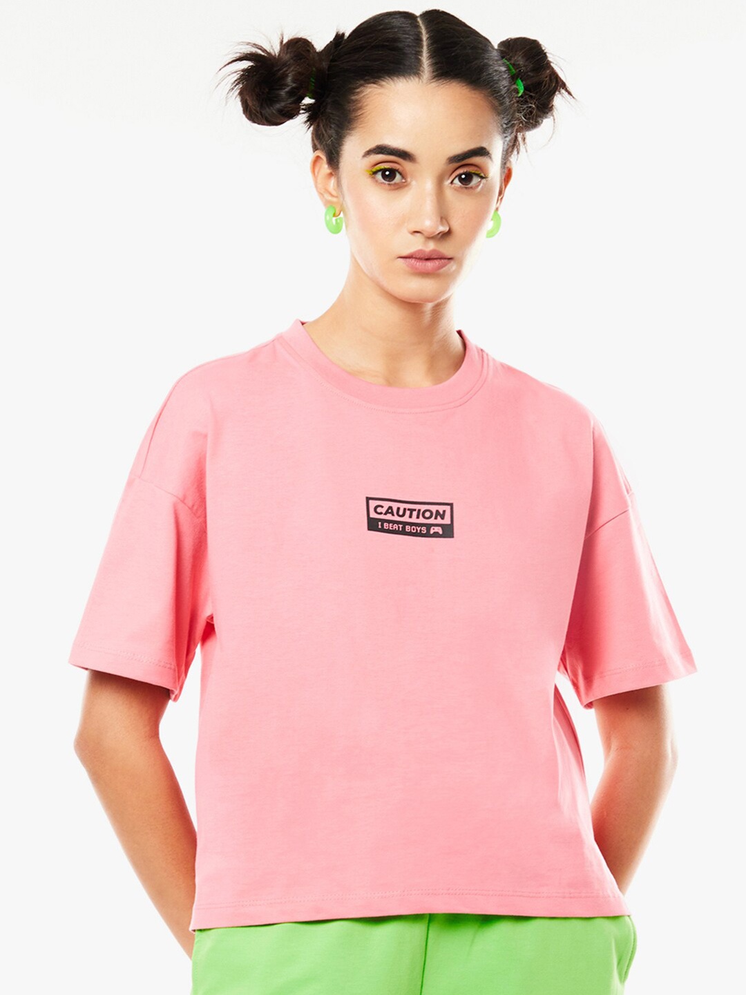 

Bewakoof Women Pink & cherry blossom pink Typography Loose T-shirt