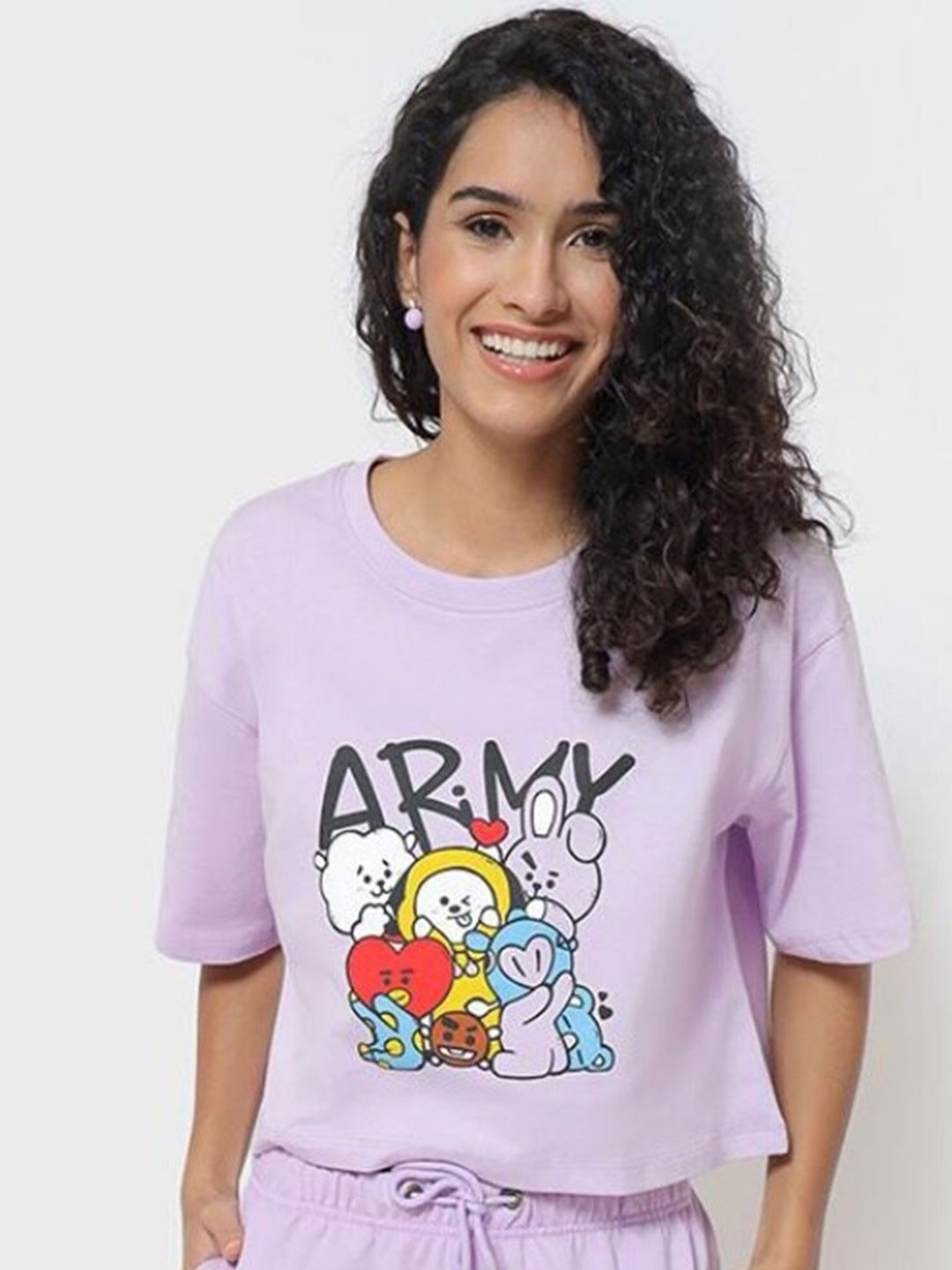 

Bewakoof Women Purple & languid lavender Printed Applique Loose T-shirt