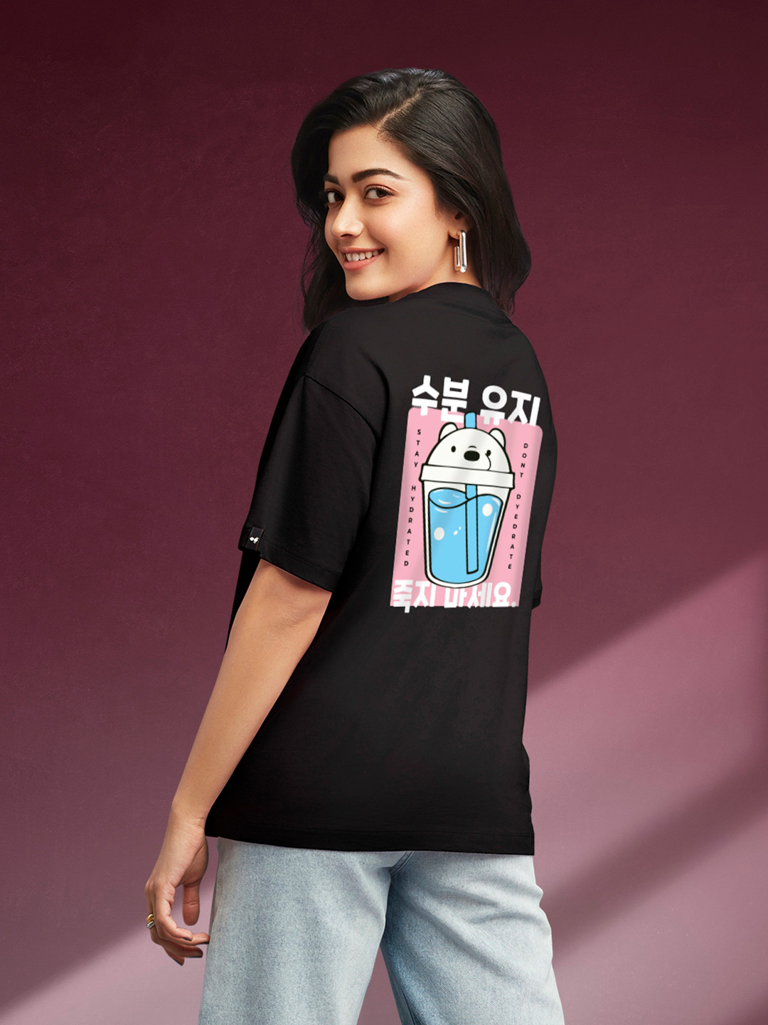 

Bewakoof Women Stay Hydrated Back Graphic Printed Oversized T-shirt, Black