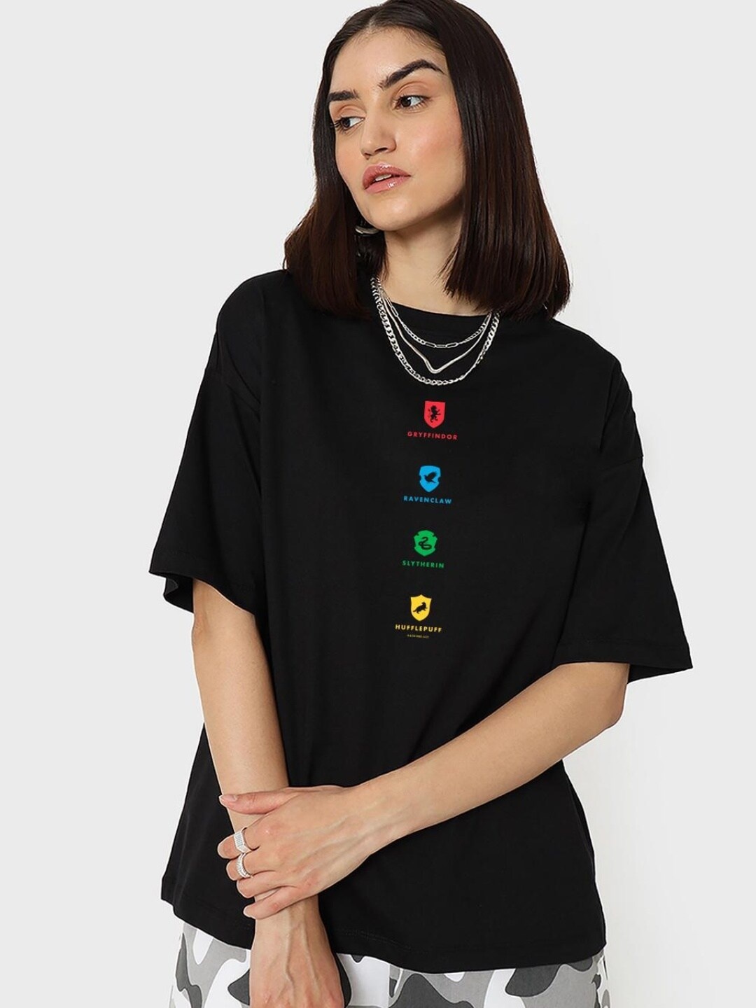 

Bewakoof House of Hogwarts Graphic Printed Oversized T-shirt, Black