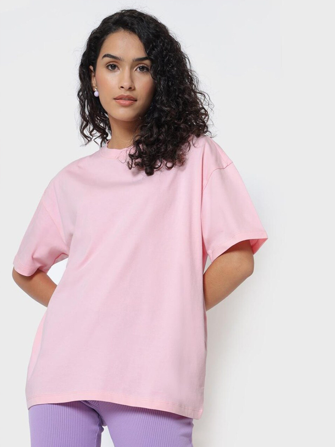 

Bewakoof Women Pink Drop-Shoulder Sleeves Loose T-shirt
