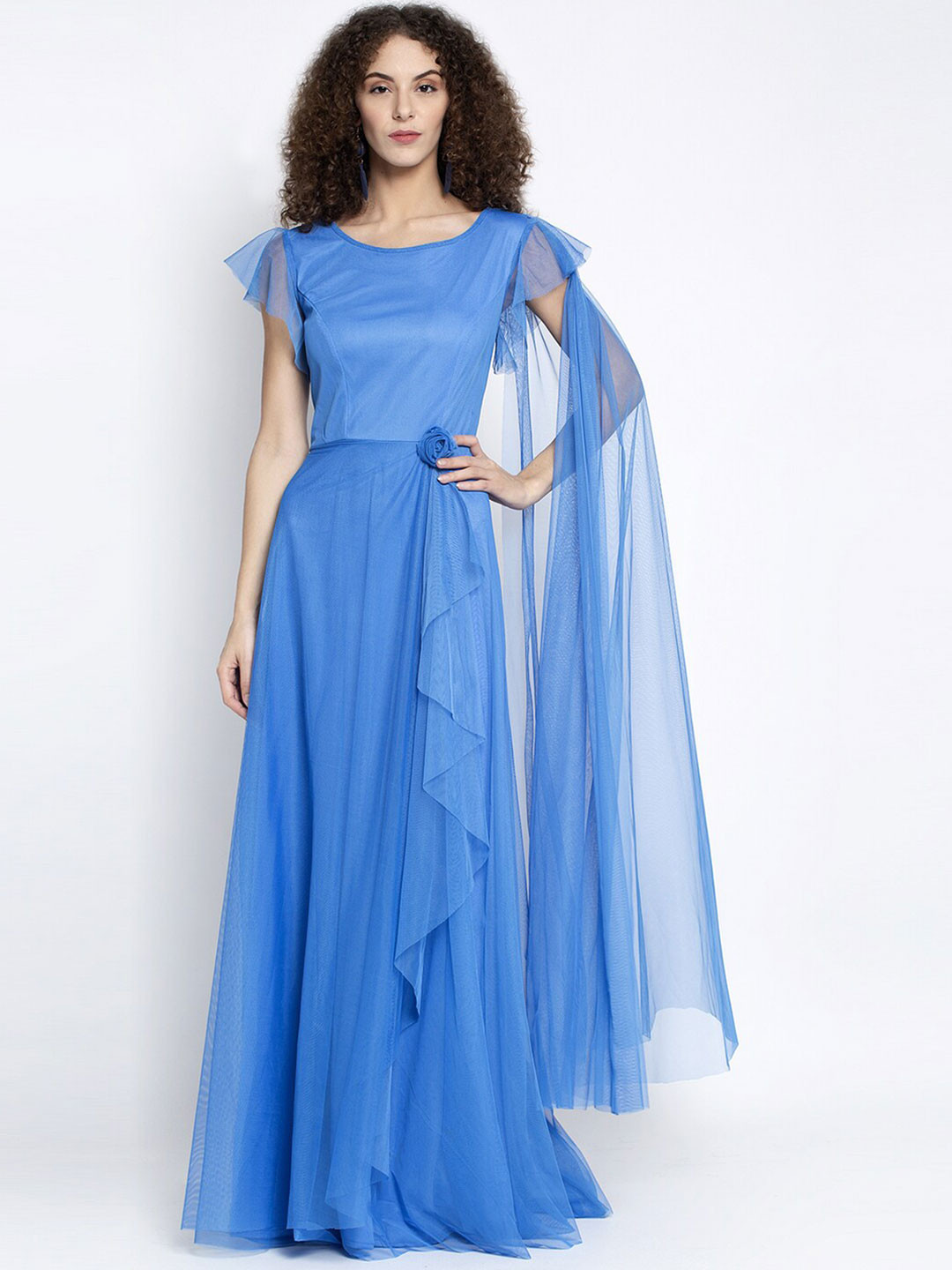 

Just Wow Women Blue Solid Net Maxi Dress