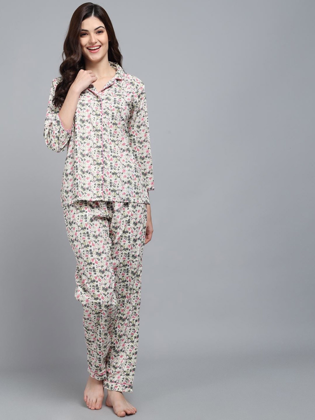 

SEPHANI Women White & Grey Printed Night suit
