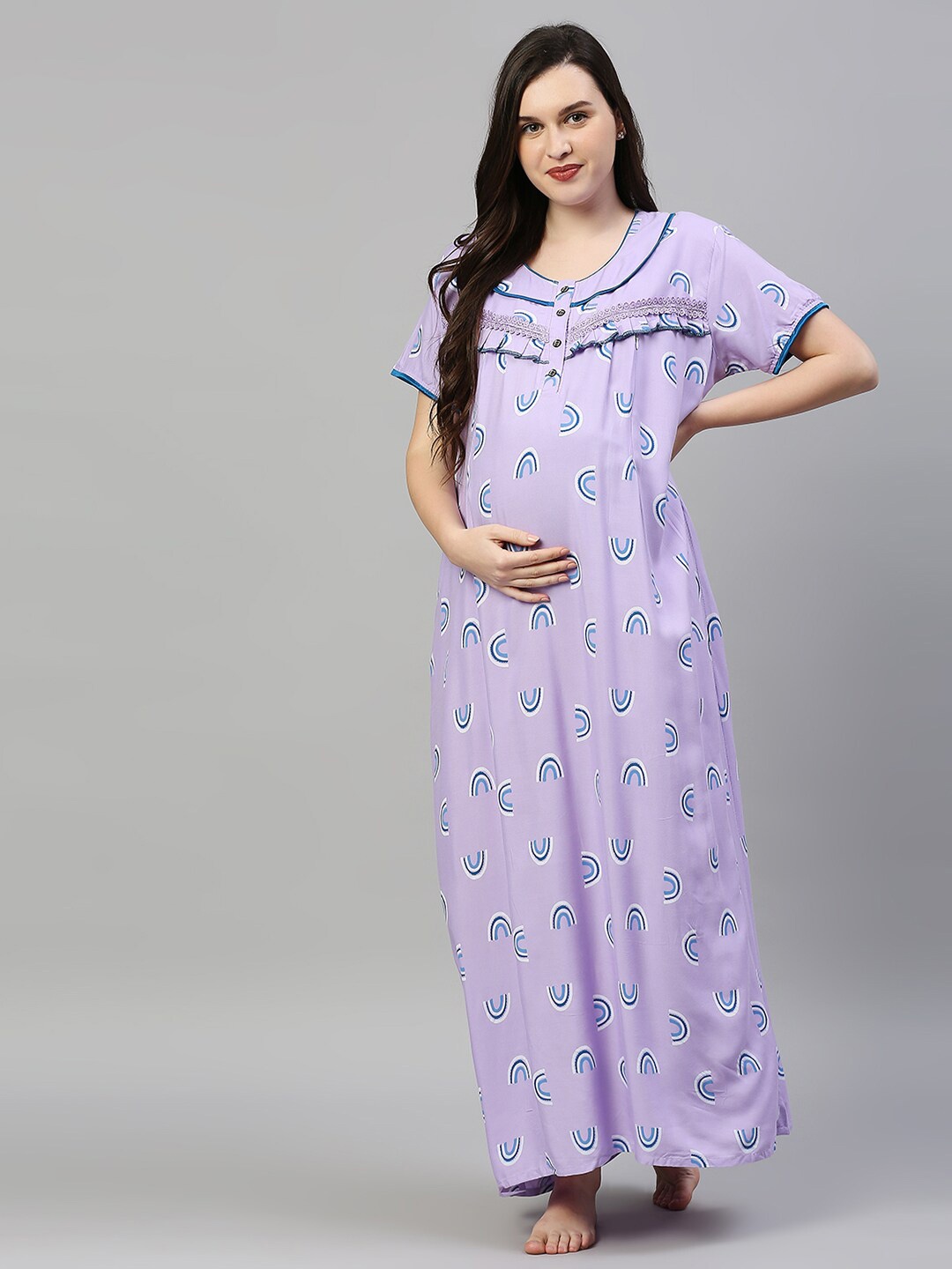 

Pretty Awesome Lavender Women Printed Maxi Maternity Feeding Nightdress