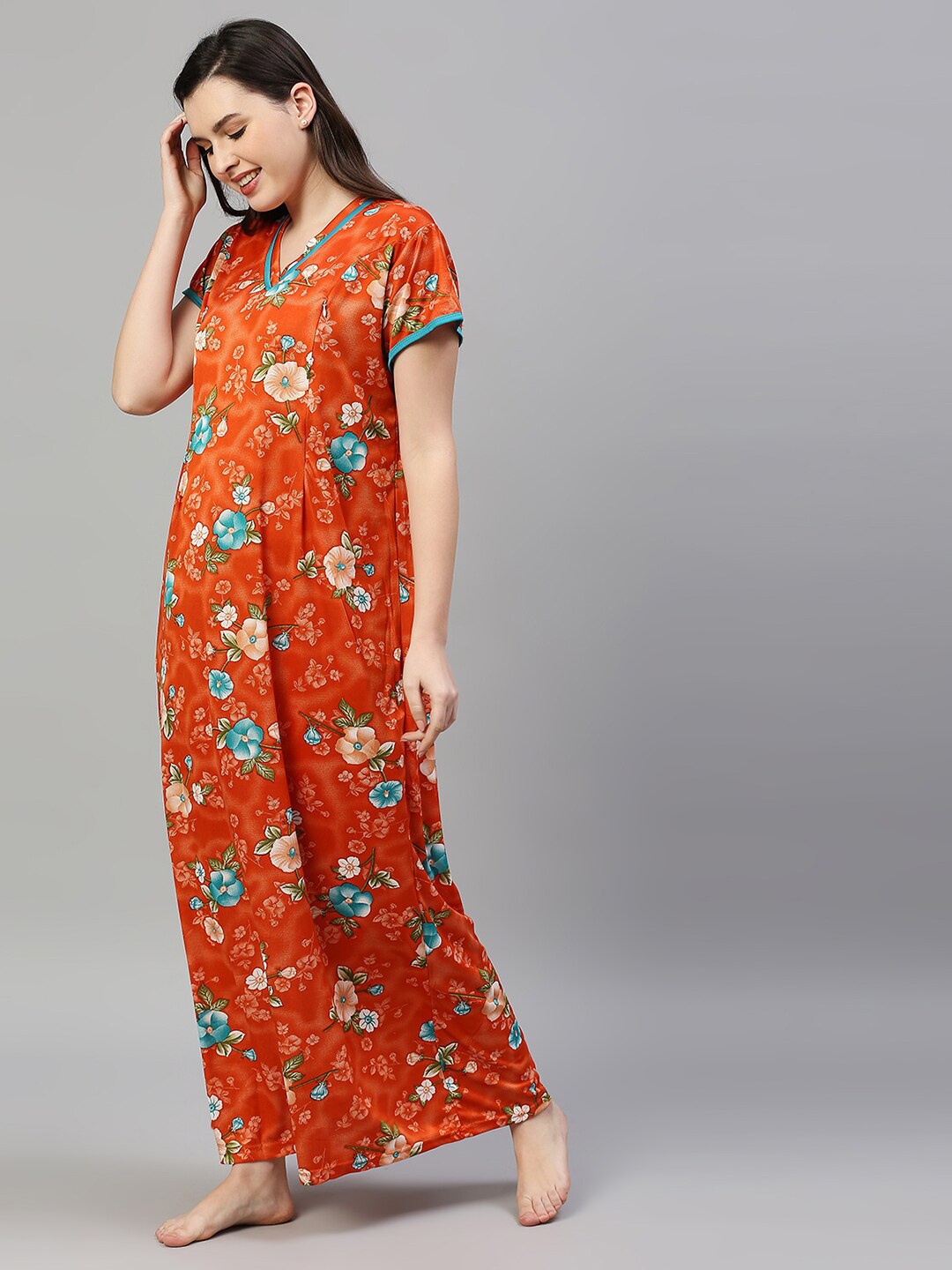 

Pretty Awesome Women Orange Printed Maxi Nightdress