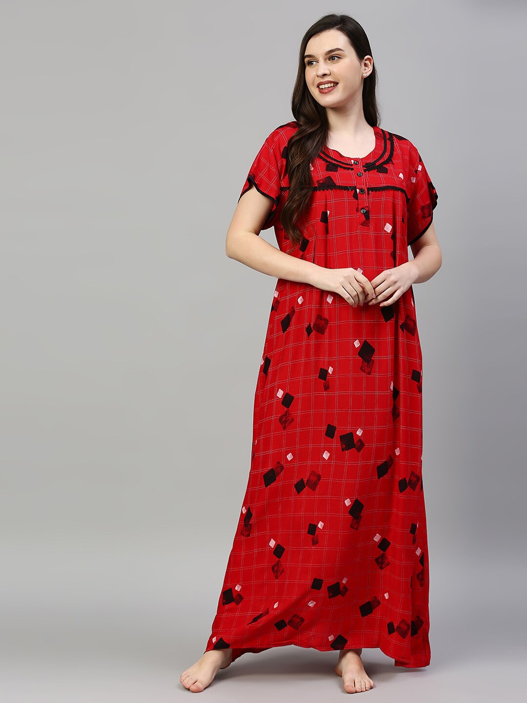 

Pretty Awesome Red Printed Maxi Maternity Feeding Nightdress