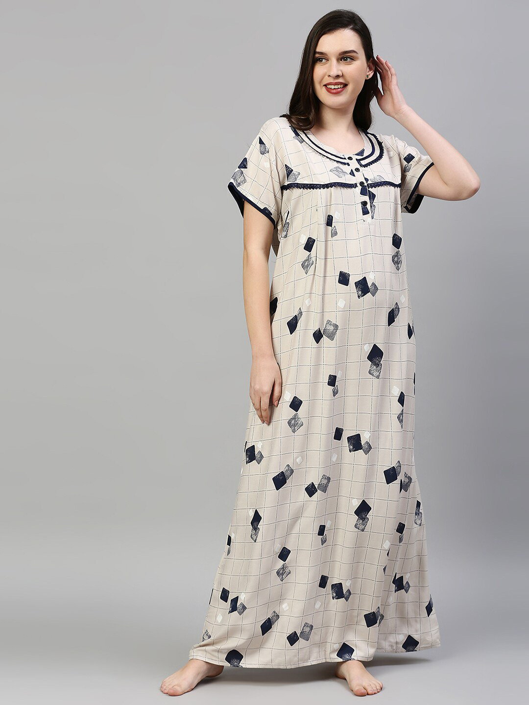 

Pretty Awesome Cream-Coloured Printed Maxi Nightdress