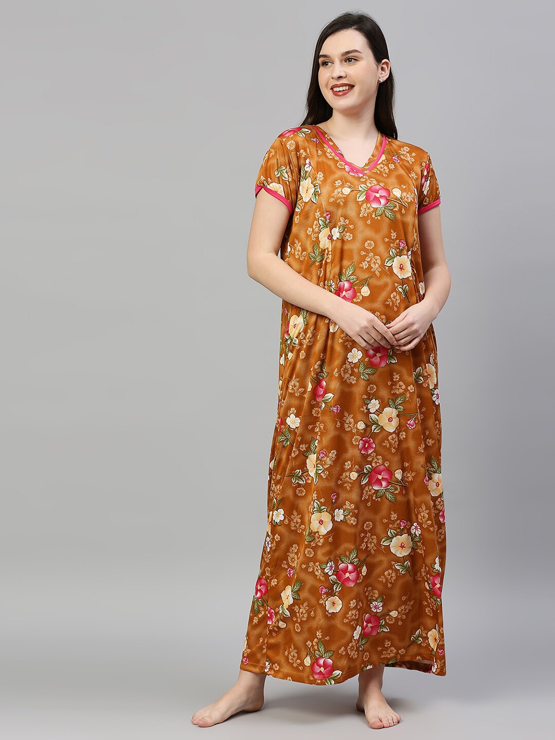 

Pretty Awesome Brown Printed Maxi Maternity Feeding Nightdress