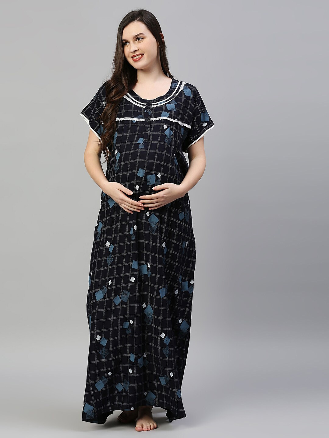 

Pretty Awesome Navy Blue Printed Maxi Maternity Feeding Nightdress