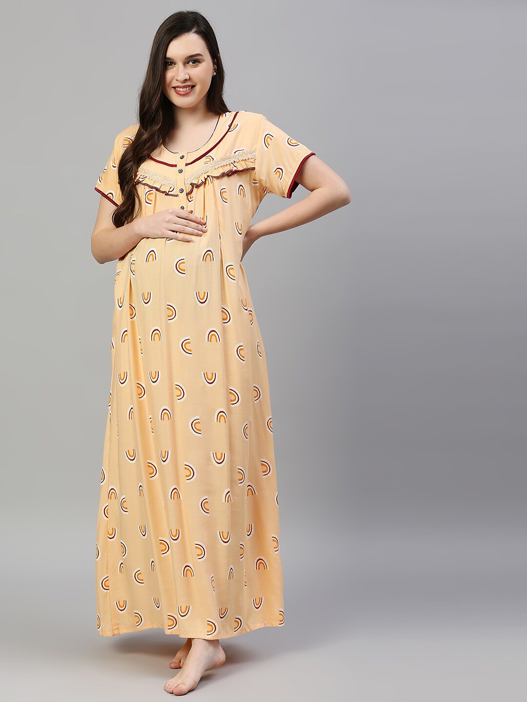 

Pretty Awesome Yellow Printed Maxi Maternity Feeding Nightdress