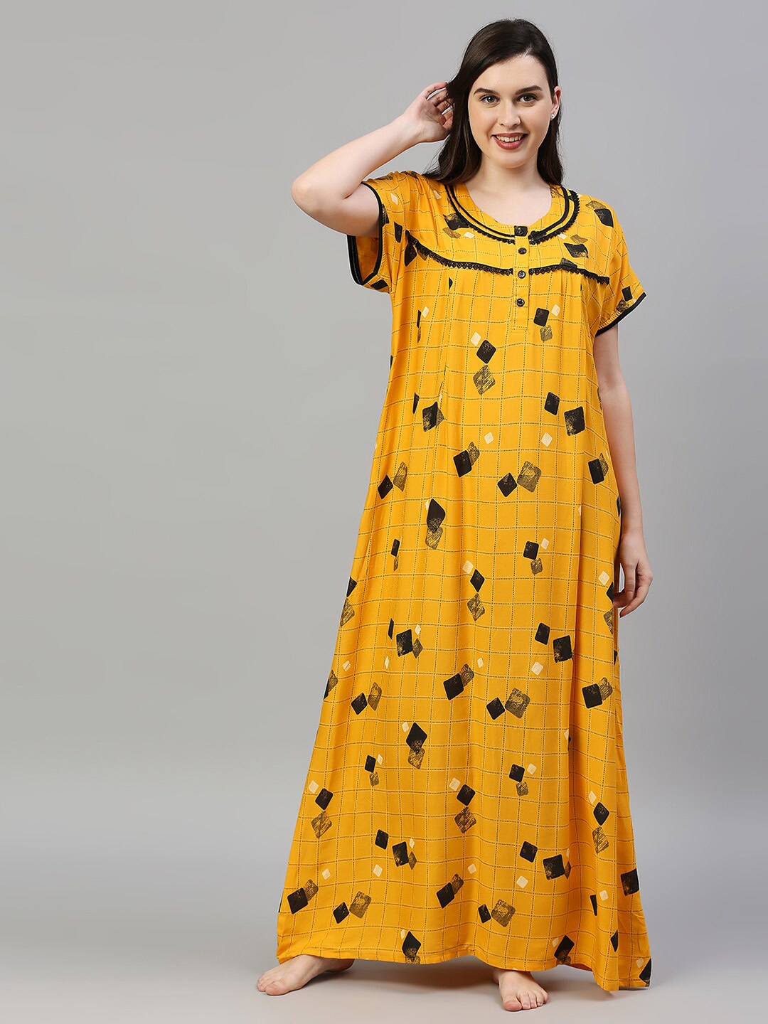

Pretty Awesome Women Yellow Printed Maxi Maternity Feeding Nightdress
