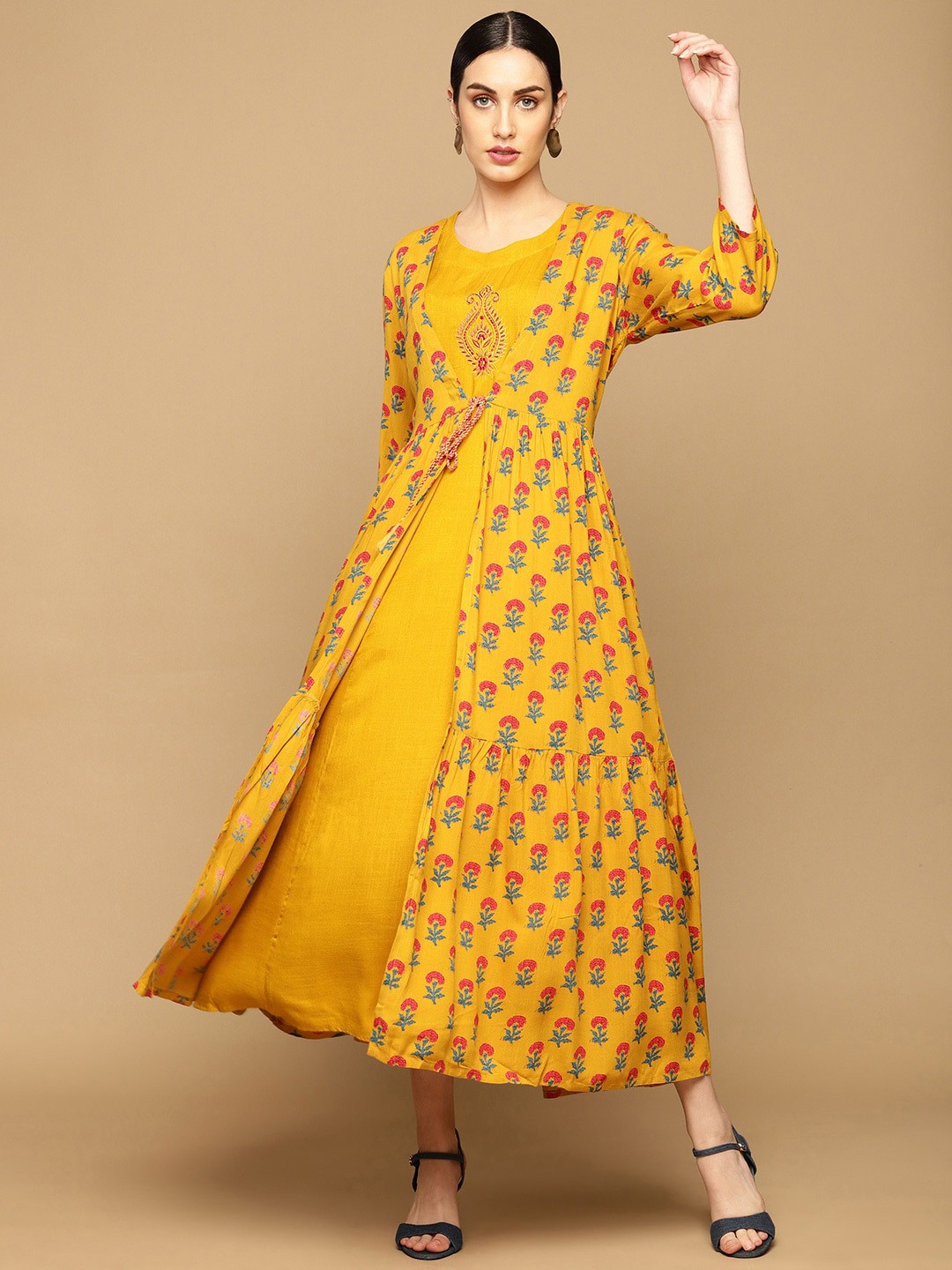 

Soch Yellow Floral Layered Ethnic A-Line Maxi Dress