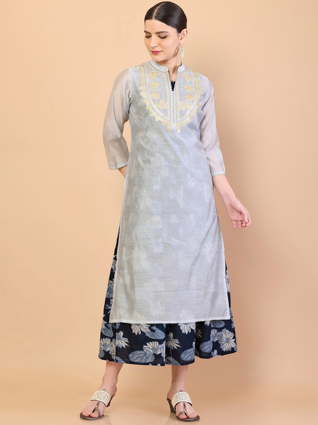 

Soch Women Blue Yoke Design Thread Work Kurta