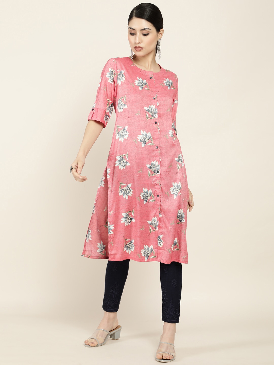 

Soch Women's Pink Quirky Cold-Shoulder Sleeves Thread Work Anarkali Kurta