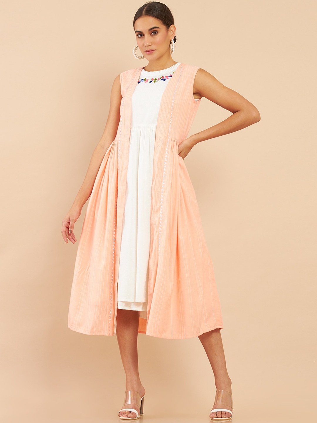 

Soch Women Pink & Off White Embroidered Layered Kurta