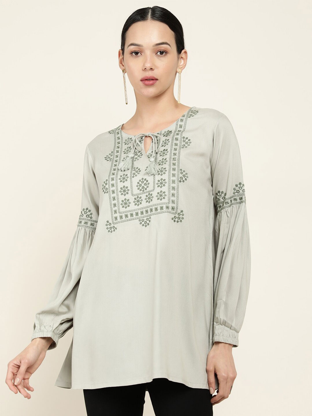 

Soch Grey & Green Women Viscose Rayon Embroidered Tunic