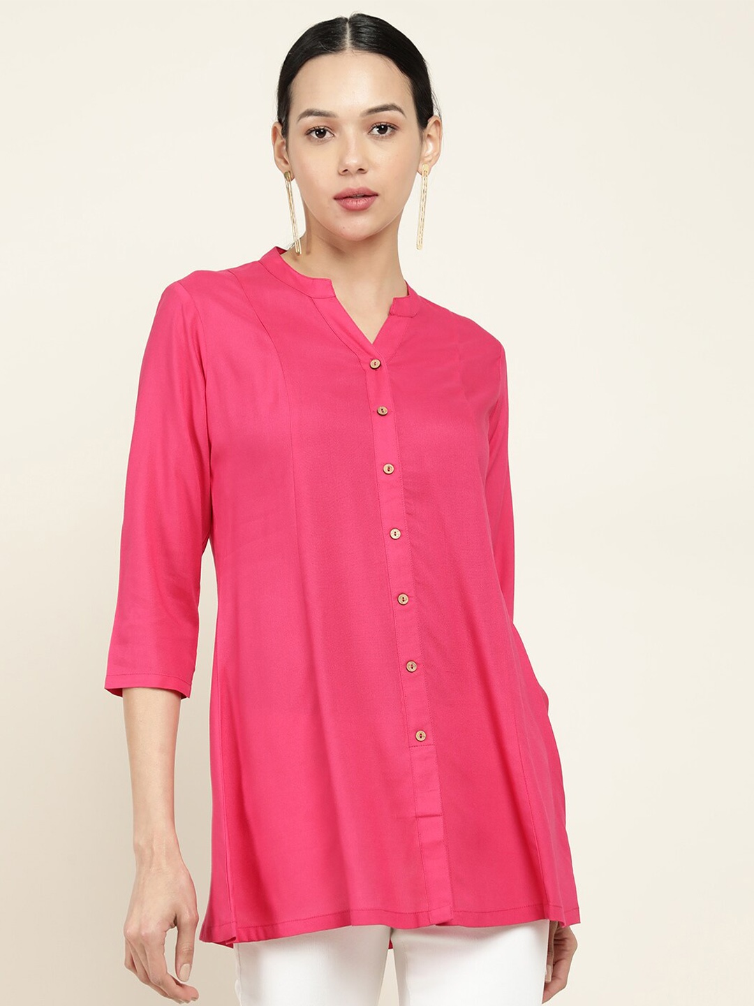

Soch Fuchsia Viscose Rayon Mandarin Collar Tunic