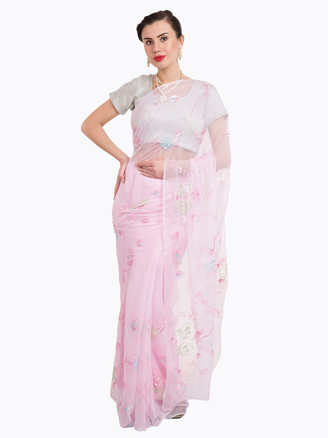 

La Vastraa Pink & Blue Floral Hand Painted Chiffon Saree