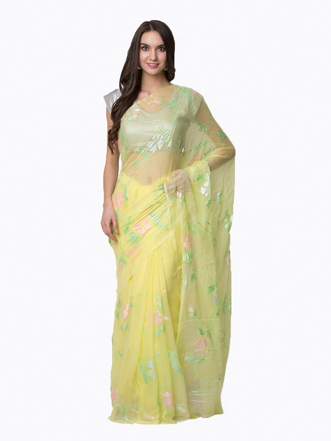 

La Vastraa Women Yellow & Green Floral Chiffon Saree