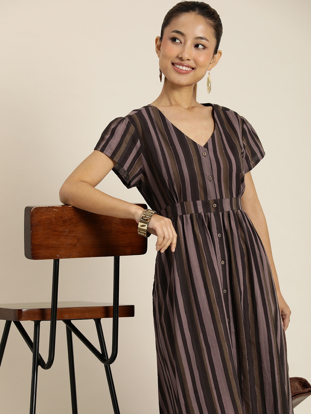 

Taavi Block Print Legacy Pure Cotton Striped Maxi Dress, Mauve