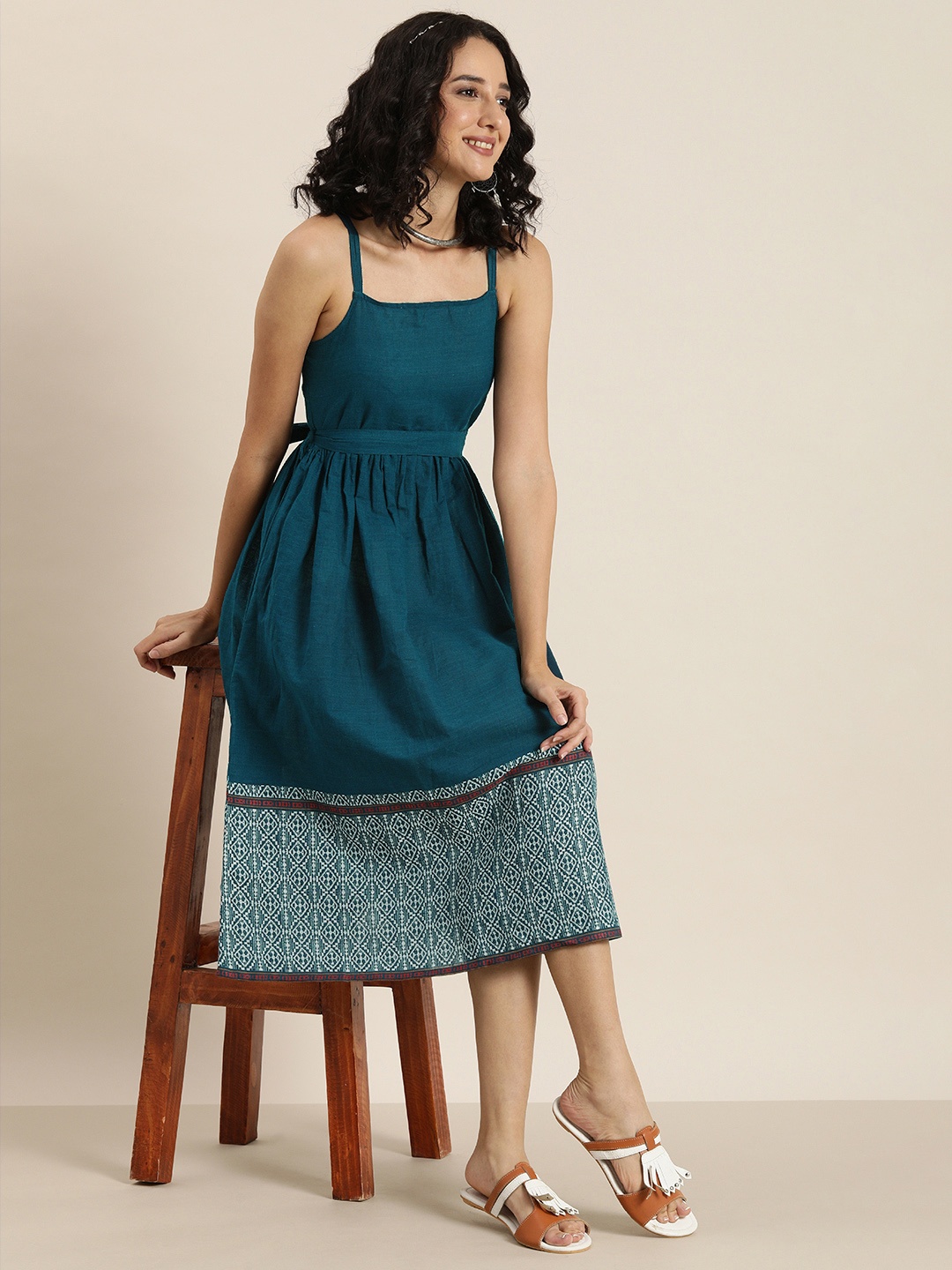 

Taavi Woven Legacy Pure Cotton Shoulder Straps Fit & Flare Midi Dress, Teal