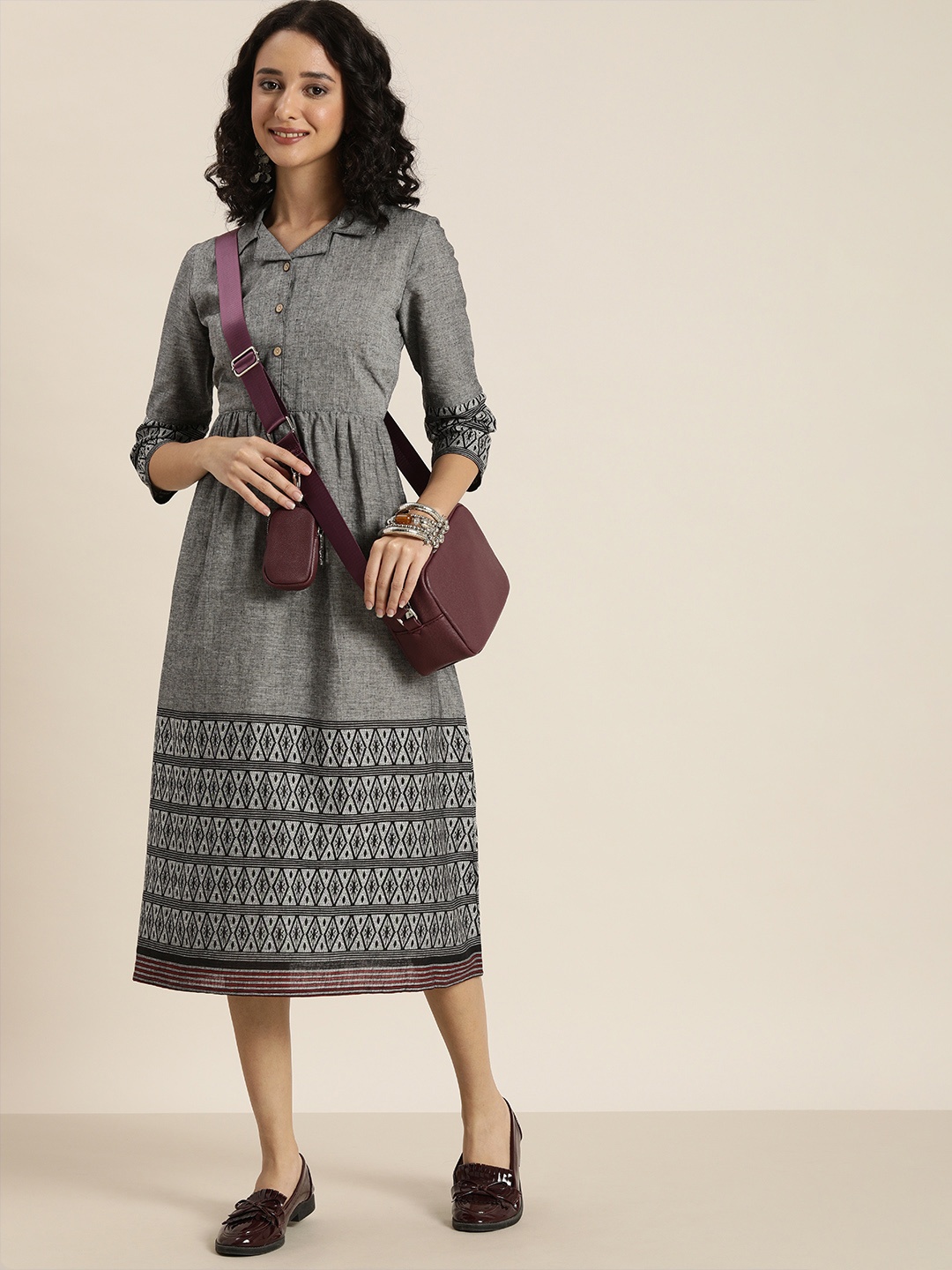 

Taavi Grey & White Woven Legacy Pure Cotton A-Line Midi Dress