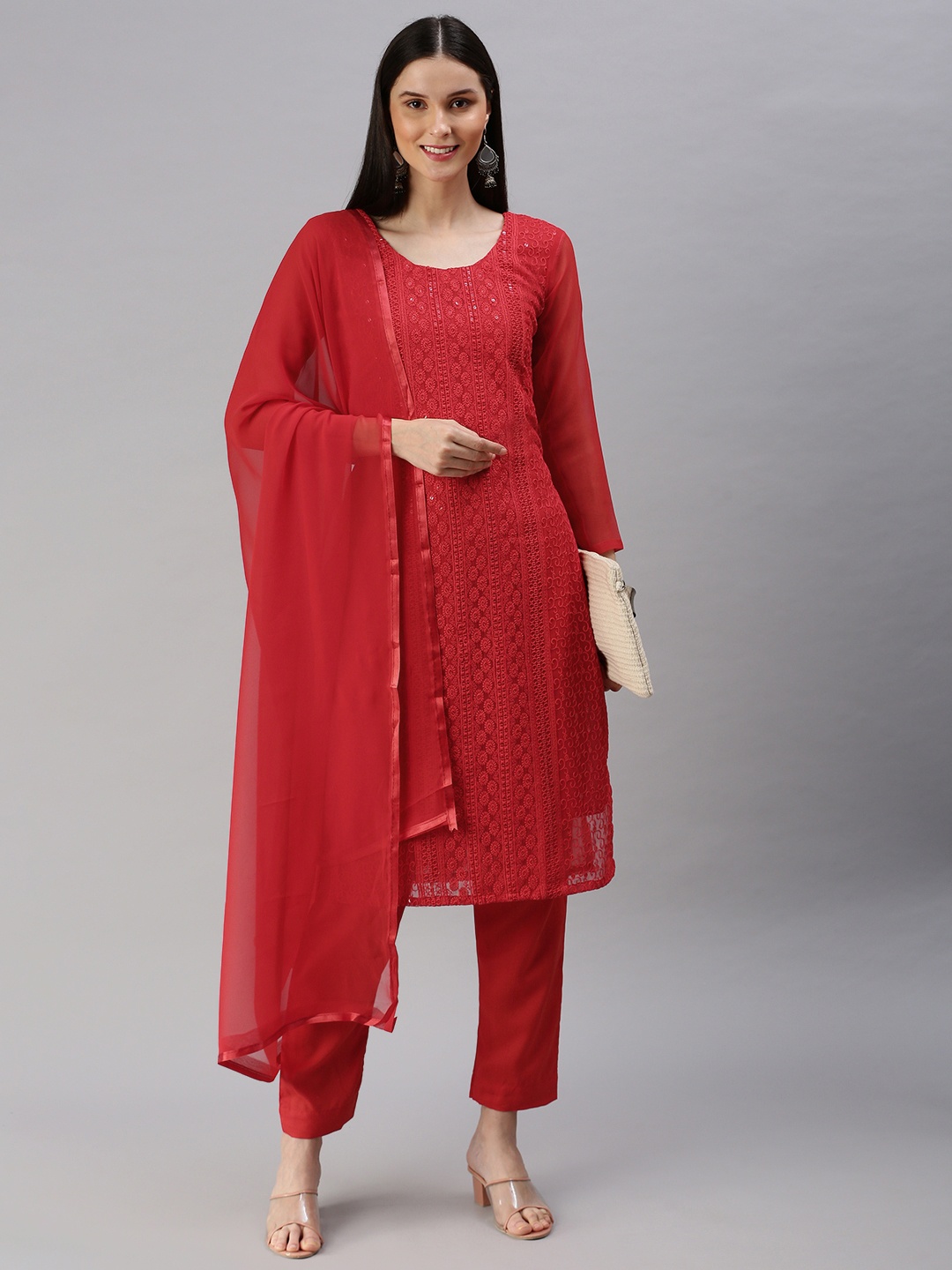 

KALINI Red Embroidered Unstitched Dress Material