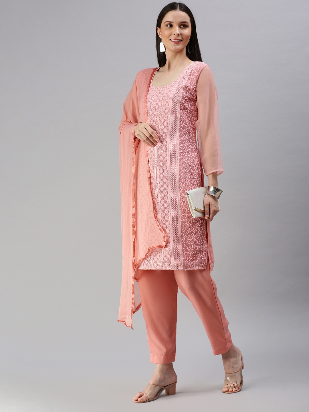 

KALINI Pink Embroidered Unstitched Dress Material