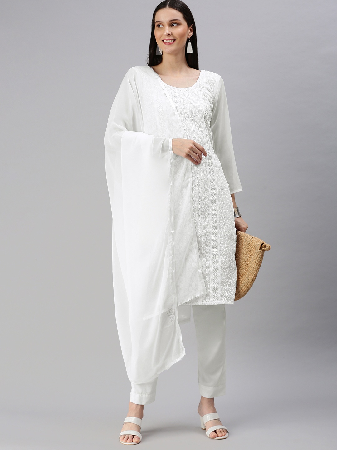 

KALINI White Embroidered Unstitched Dress Material