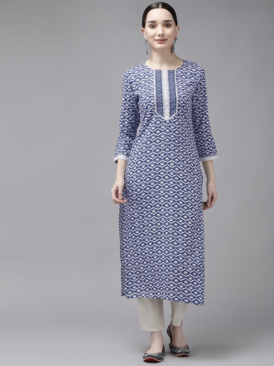 

Yufta Women Blue & White Ethnic Motifs Printed Gotta Patti Kurta