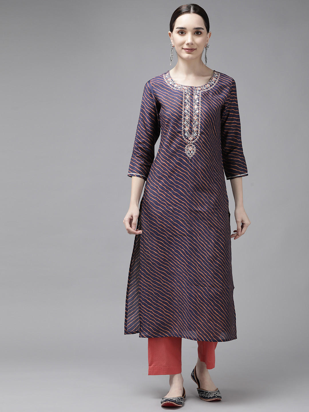 

Yufta Women Blue & Orange Leheriya Printed Mirror Work Kurta