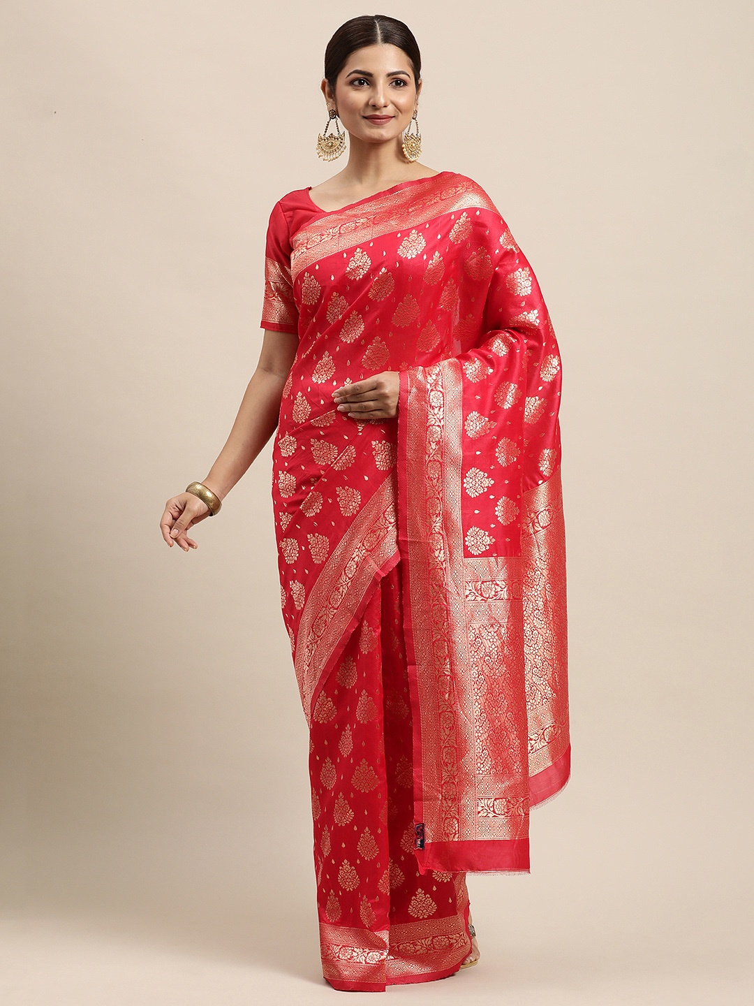 

VRSALES Red Ethnic Motifs Zari Silk Blend Banarasi Saree