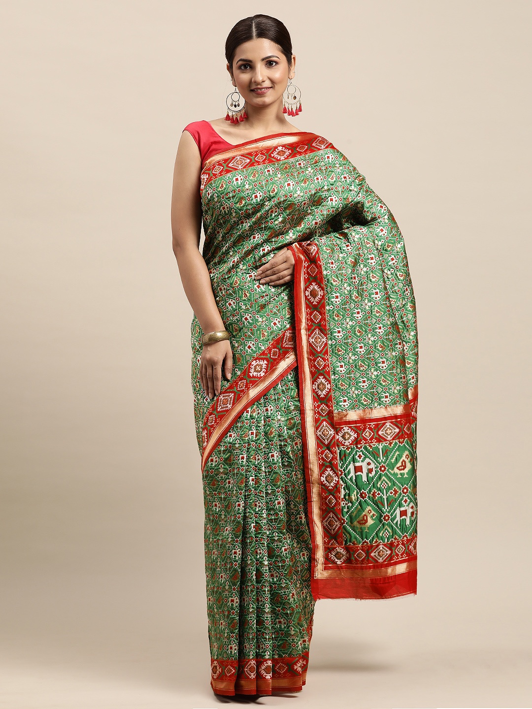 

VRSALES Green & Red Ethnic Motifs Zari Pure Silk Banarasi Saree