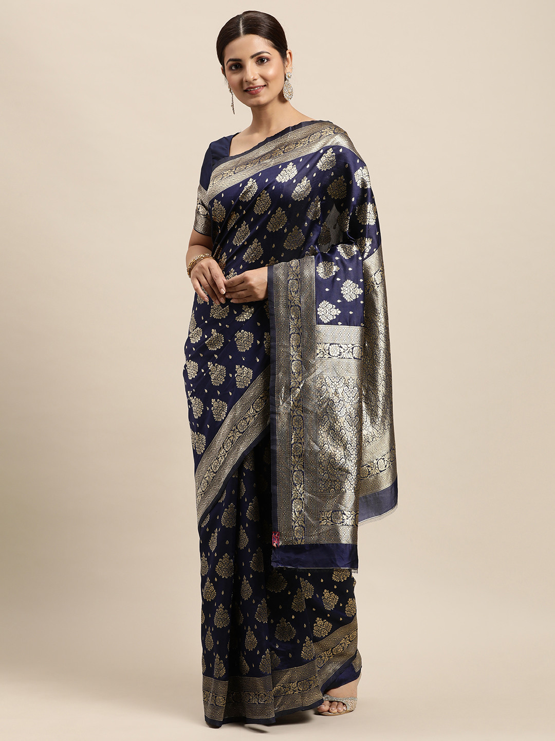 

VRSALES Navy Blue & Gold-Toned Ethnic Motifs Zari Pure Silk Banarasi Saree