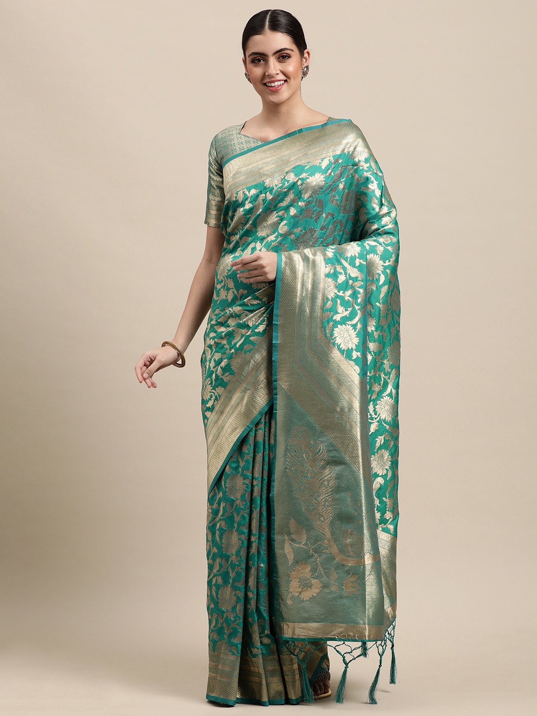 

VRSALES Green Ethnic Motifs Zari Silk Blend Banarasi Saree
