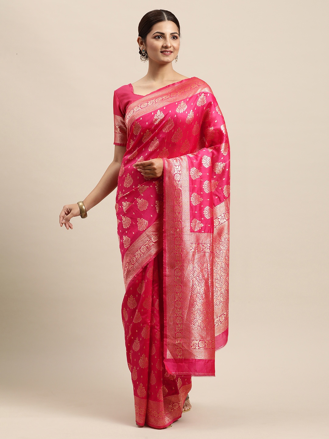 

VRSALES Magenta Ethnic Motifs Zari Silk Blend Banarasi Saree