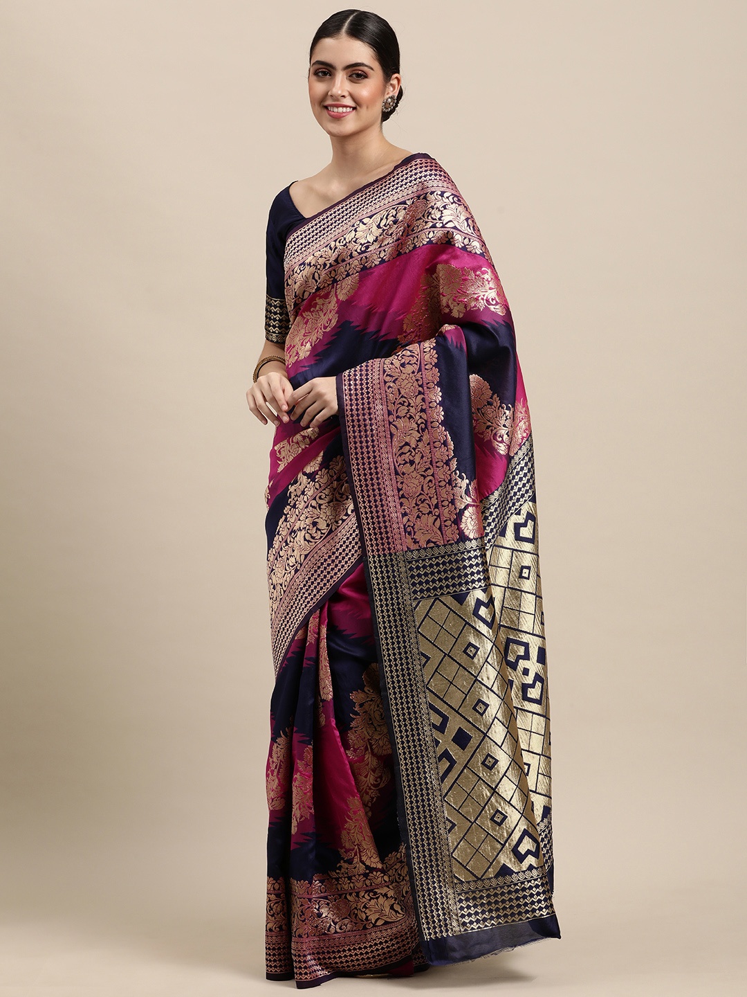 

VRSALES Pink Floral Zari Silk Blend Banarasi Saree