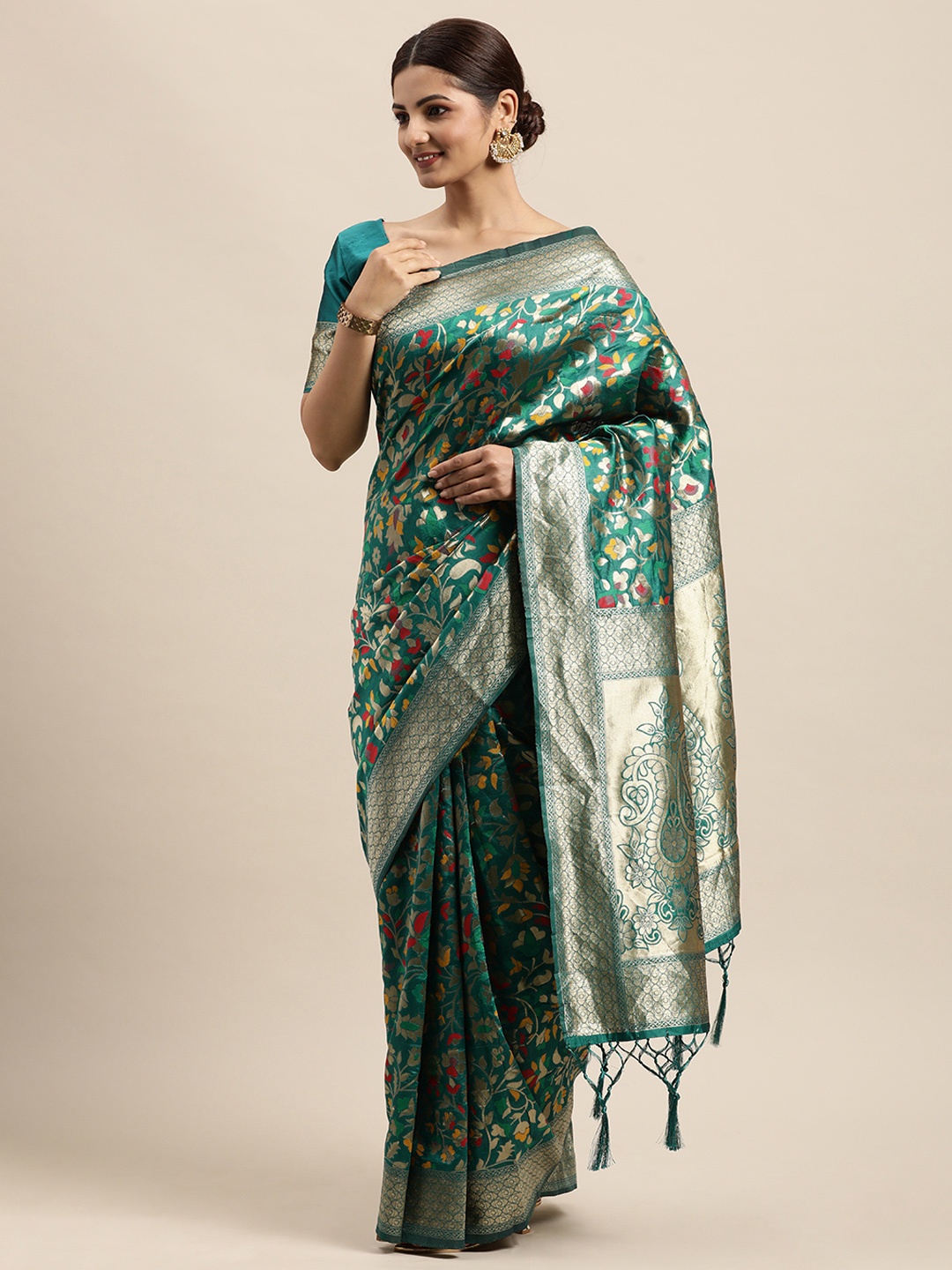

VRSALES Green Ethnic Motifs Pure Silk Banarasi Saree