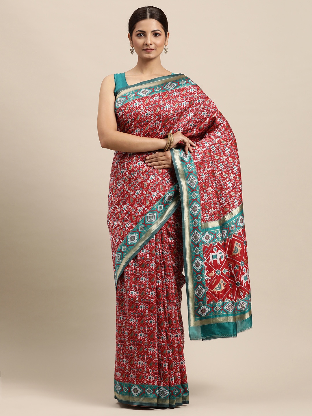 

VRSALES Maroon & White Ethnic Motifs Pure Silk Banarasi Saree