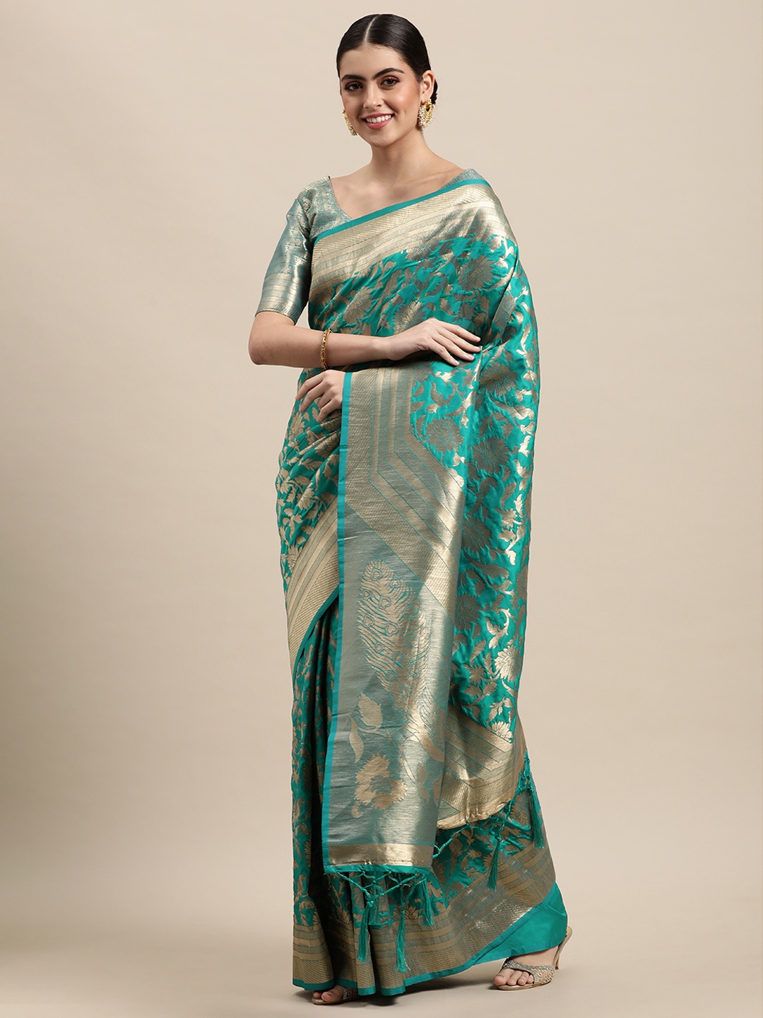 

VRSALES Green & Golden Ethnic Motifs Zari Pure Silk Banarasi Saree