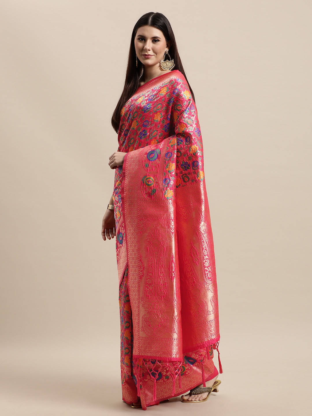 

VRSALES Pink & Blue Ethnic Motifs Pure Silk Banarasi Saree