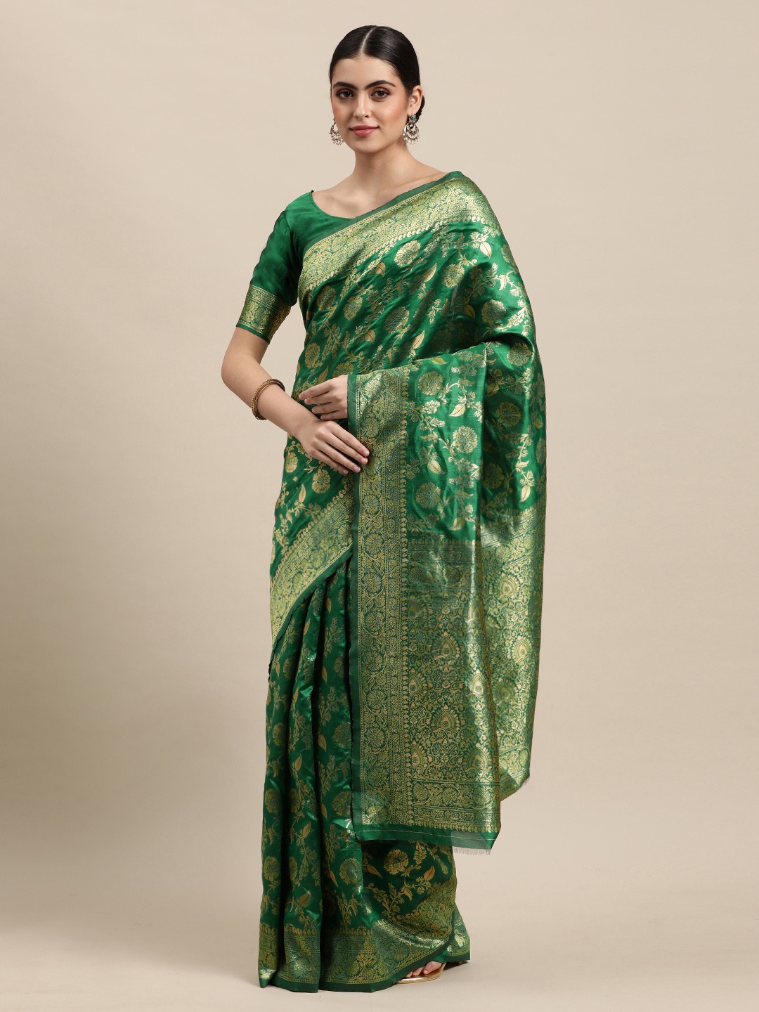 

VRSALES Green & Gold-Toned Floral Banarasi Silk Woven Saree