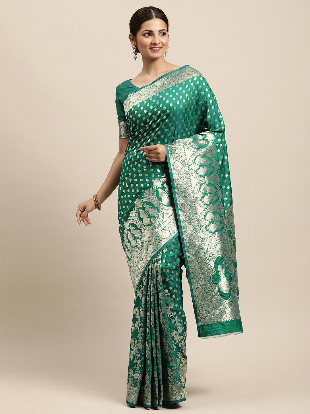 

VRSALES Sea Green Woven Design Zari Pure Silk Banarasi Saree with Blouse Piece